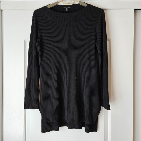 Eileen Fisher Tops - Eileen Fisher Black Ribbed Knit Tunic Sweater Womens Medium Boat Neck Minimalist